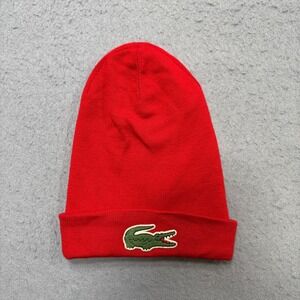Lacoste Beanie Hat Unisex One Size Red Wool Blend Embroidered Logo Cuffed Cap